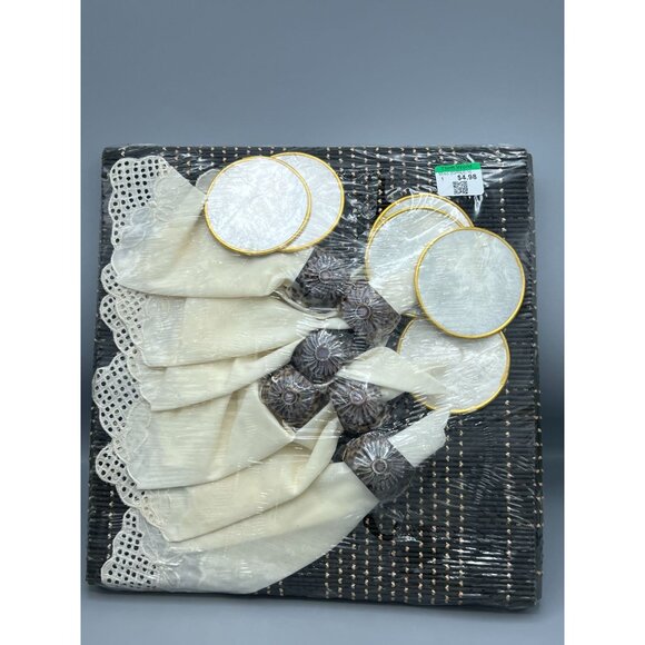 24 Pc Capiz Coasters Rattan Placemats Cowrie Shell Napkin Rings Lace Napkins Set - Picture 6 of 10